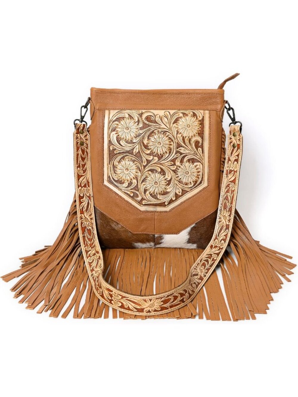 Hand-Carved Fringed Shoulder Bag | Natural Cowhide with Floral Tooling Design